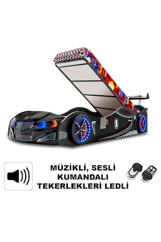 Gt1 - Bazalı Arabalı Yatak - Kumandalı, Sesli, Siyah Tek Kişilik