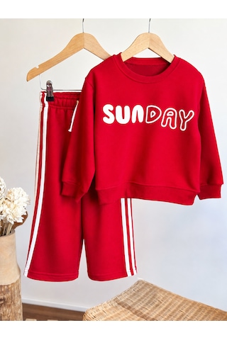 Elzo Collection Kız Çocuk Sunday Üst Baskılı Sweatshirt 3 İplik Kumaş Alt Üst Takım Kırmızı - Beyaz
