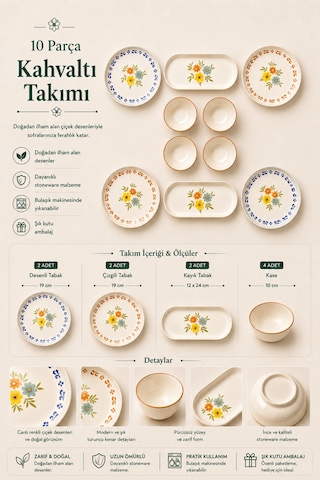 10 Parça 4 Kişilik Rosalia Stoneware Kahvaltı Takımı - Özel Desenli Kahvaltılık Servis Sunum Seti Çok Renkli