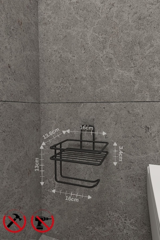 Alper Banyo Siyah Güçlü Yapışkanlı Yedek Raflı Tuvalet Kağıtlığı Tuvalet Kağıdı Askısı