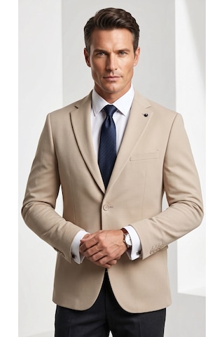 Plus Scorpion Erkek Slim Fit Çift Düğme Çift Yırtmaçlı Blazer Ceket Premium Dokulu Kumaş Bej