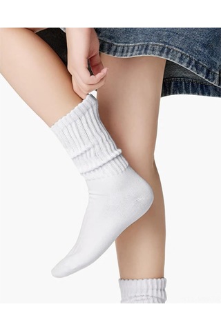 Moveevo Beyaz Düz Dikey Çizgili Topaklanabilir Orta Boy Çorap - 1 Adet 95% Polyester, 5% Spandex Beyaz