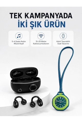 Mey İthalat Yeşil Çanta Charm Saat Ve Kablosuz Bluetooth Kulaklık İkili Kampanya Seti Günlük Kullanım