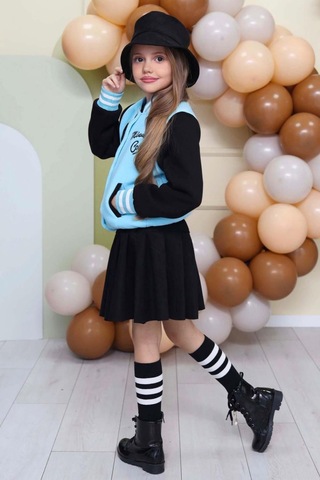 Riccotarz Kız Çocuk Düğme Detaylı Pamuklu Mavi Kolej Ceket Kadife Etekli Takım Mavi