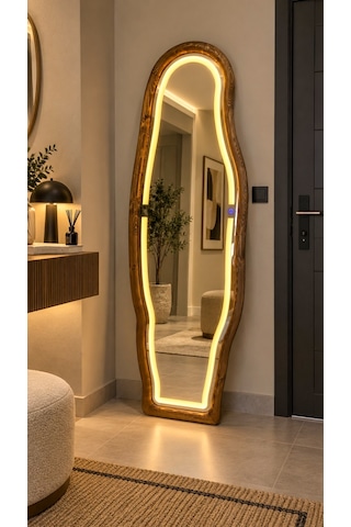 Ledli Doğal Ahşap Çerçeveli 180x60 Cm Ceviz Asimetrik Ayaklı Boy Aynası