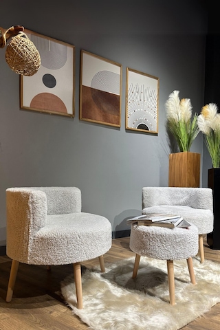 Elegant Comfort Kül Gri Çay Seti Ve Peluş Ikili Berjer & Puf Takımı - 3'lü Set