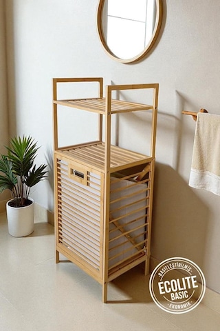 Digithome Bambu Eco-lıte Basıc Kirli Sepetli 2 Raflı Banyo Düzenleyici Çamaşır Sepeti Db-0031 Kahverengi