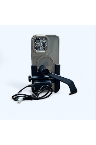360 Ayarlanabilir Ayna Ve Akü Şarj Bağlantılı Metal Motorsiklet Tutacağı Ve Bisiklet Telefon Tutucu
