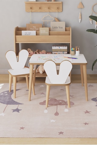 Resim Kağıdı Rulolu Çocuk Aktivite Masası 60x45 Cm 2 Sandalyeli Tavşan Sandalye Çok Renkli