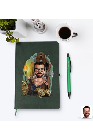 Kişiye Özel Viking Karikatürlü Yeşil Termo Deri Defter Kalem Seti
