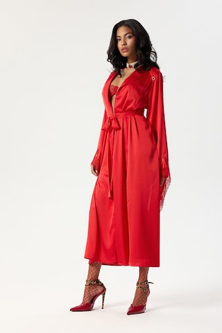 Eclatant Kırmızı Dantelli Uzun Saten Sabahlık / Kimono Kırmızı