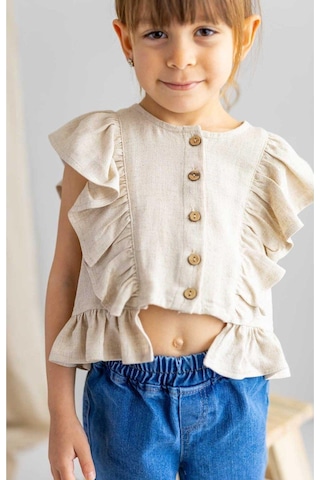Oliventhekid Bej Naturel Keten Önden Düğmeli Kolları Ve Beli Fırfırlı Kız Çocuk Bluz Bej Bej