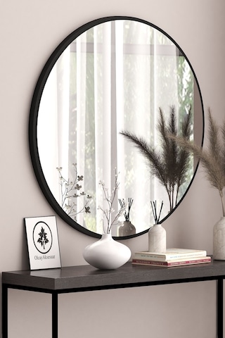 Siyah Dekoratif 58cm Yuvarlak Ayna Antre Hol Koridor Duvar Aynası Salon Mutfak Banyo Wc Ofis Aynası Siyah