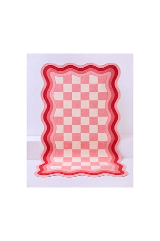 Sdt Retro Damalı Ve Dalgalı Pembe - Krem Dokuma Taban Dekoratif Halı Sdt690 Çok Renkli