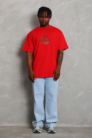 Erkek Baskılı Tişört Kısa Kol Bisiklet Yaka Oversize T-shirt - Kırmızı Kırmızı