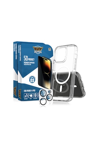 Buff Apple iPhone Uyumlu 14 Pro - 2x5d Ekran Koruyucu + Magsafe Kılıf + Lens Koruyucu Privacy Hayalet