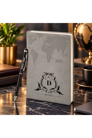 Bk Gift Kişiye Özel 378 Termo Deri Tarihli Ajanda & Siyah Touch Pen Tükenmez Kalem-8 Gri