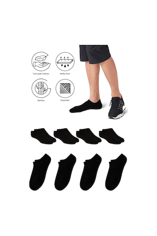 Saysez Bambu Erkek Sneaker Siyah Çorap Dikişsiz Görünmez Spor Bilek 4'lü Siyah