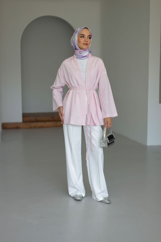 Moonsc Keten Kimono Kemerli Pembe