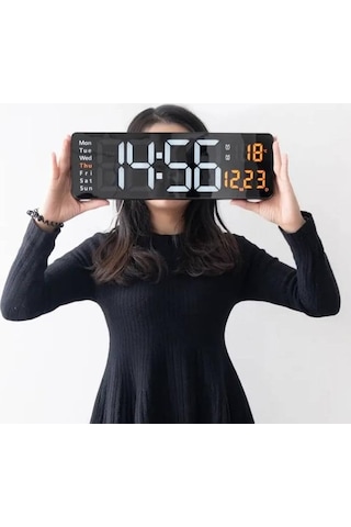 Büyük Led Ekranlı Dijital Duvar Saati, Uzaktan Kumandalı, Alarm, Sıcaklık Ve Gün Göstergeli, 39x13 Cm Diğer
