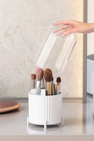 Maxi Home Zebra Makyaj Organizer Kapaklı Masaüstü Kozmetik Düzenleyici Beyaz