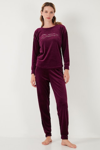 Lela Standart Fit Bisiklet Yaka Yumuşak Kadife Bayan Pijama Takımı 6094202 Mor