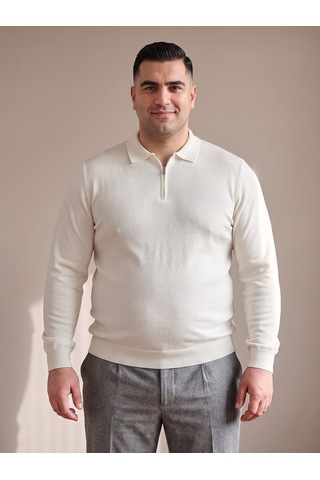Maccali Erkek Beyaz Büyük Beden Düz Fermuarlı Polo Yaka Triko Kazak