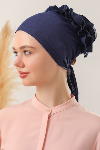 Melodi Scarf Kadın Tesettür Önü Dikişsiz Fırfırlı Penye Bone Lacivert