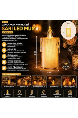 Smokeless Candles Yakut-9459 Büyük Boy Damlalı Akan Mum Modeli Pilli Led Mum- 24'li Paket Diğer