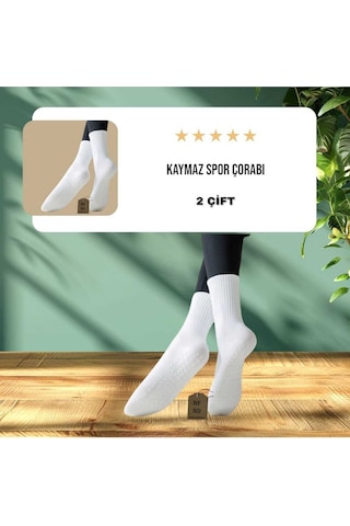 Enefendi 2 Çift Yoga Pilates Çorabı Kadın Silikon Kaymaz Taban Pamuklu Soket Tenis Çorap Altı Havlulu Beyaz Renkli