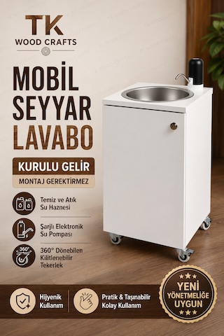 Premium Mobil Seyyar Lavabo Yeni Yönetmeliğe Uygun Tekerlekli Şarjlı Musluklu Beyaz