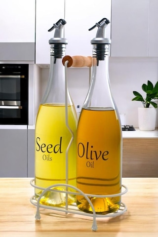 Digithome Pure 2'li Krem Metal Standlı Ahşap Saplı Yağdanlık Seti Şeffaf Etiketli Cam Yağlık 750 Ml Cys-16 Krem