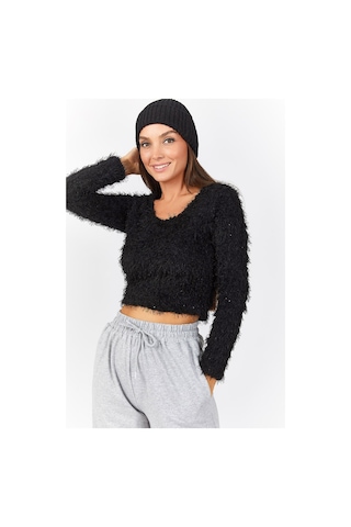 Armonika Kadın Siyah Pullu Sakallı Crop Kazak Arm-22y001179
