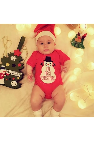 Yılbaşı Noel Christmas Temalı Organik Bebek Body Şapka Takımı 6-9 Aylık Kırmızı