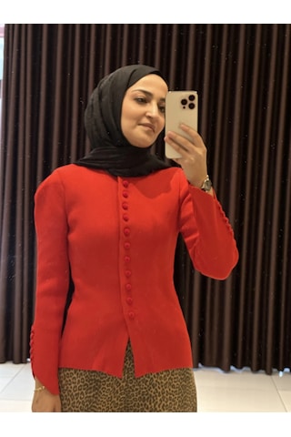 Ollacollection Düğme Detaylı Hırka Ceket Kırmızı