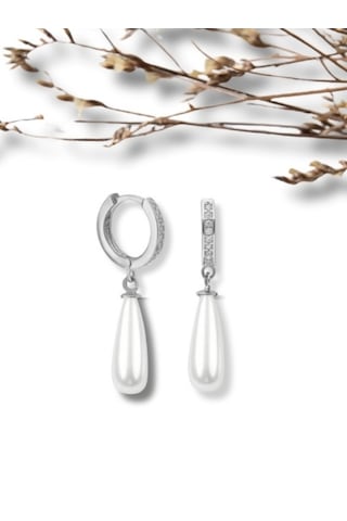 Şık Ve Zarif 925 Ayar Uzun Drop İnci Taşlı Gümüş Küpe