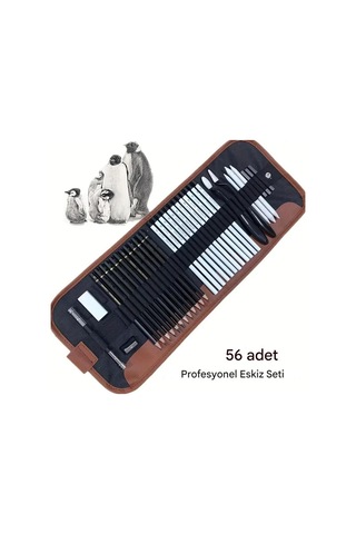 Kara Kalem Çizim Seti, Eskiz Kalem Seti, Dereceli Kalem Set, Tonlama-rulo Kalemlikli-tam Set 56parça