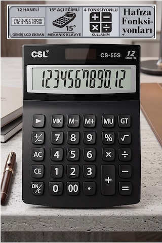 Hesap Makinesi Siyah 12.5x17 Cm 1 Adet Csl Cs-55s 12 Haneli Orta Boy Okul Ofis Büro Masaüstü Hesap Makinası