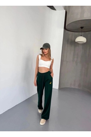 Freedom Store Kadın Osy Modal Yumuşak Dokulu Kumaş Nakış İşlemeli Rahat Bol Paça Eşofman Pantolon - Yeşil