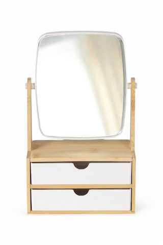 İronika Bambu 2 Çekmeceli Aynalı Makyaj Organizeri Saat Kolye Yüz