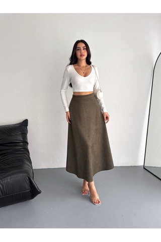 Ozy Fashion Kadın Süet Kloş Etek Haki