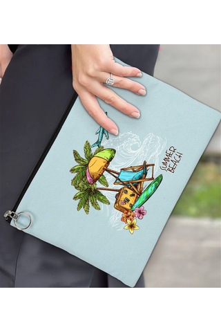 Bk Gift Yaz Temalı-9 Astarlı Açık Mavi Portföy Çanta 30x21cm, Baskılı El Çantası, Organizer Çanta