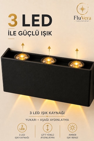 Pilli Amber 12w 3 Led Çift Taraflı Siyah Duvar Aplik Dekoratif Led Aydınlatma İç Dış Mekan Siyah