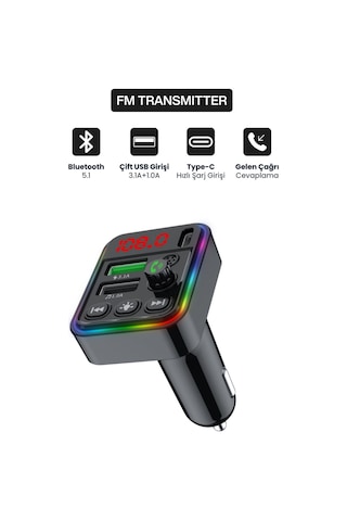 Bluetooth Araç İçi Fm Transmitter Pd + 3.1a Hızlı Şarj Çift Usb Rgb Led Ekranlı Müzik Çalar