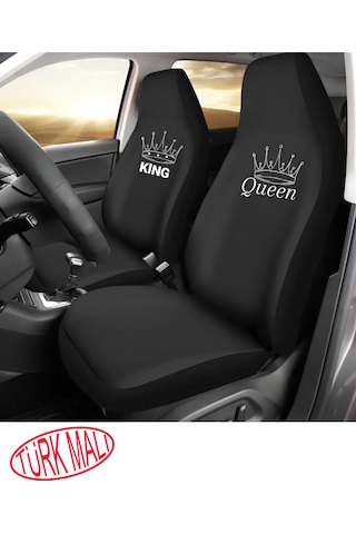 Penye Oto Koltuk Kılıfı King & Queen Baskılı Siyah Ön Koltuklar