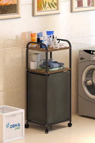 2 Raflı Frenli Tekerlekli Çamaşır Sepeti Banyo Dolabı Kirli Sepetli Banyo Düzenleyici Çamaşırlık Kahverengi