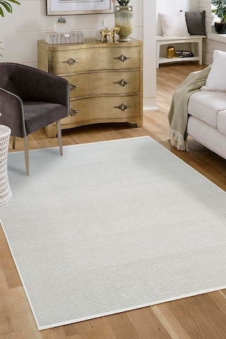 Line Serisi Kaymaz Taban Yıkanabilir Dekoratif Modern Şönil Kilim Bej