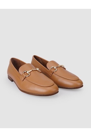 Hakiki Deri Taba Tokalı Kadın Loafer Taba