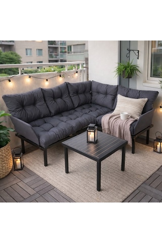 Bahçe Köşe Takımı Balkon Ve Cafe Modüler Metal Köşe Koltuk Takımı Sehpalı Füme 1634 Füme