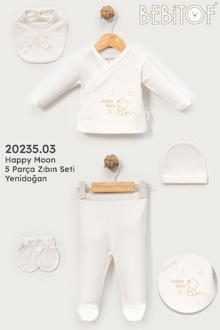 Caramell Bebitof %100 Pamuk Happy Moon Desenli 5 Parça Yenidoğan Hastane Çıkışı Zıbın Seti 0-3 Ay 50-56 Cm Ekru Bbtf.20235.03.ekr